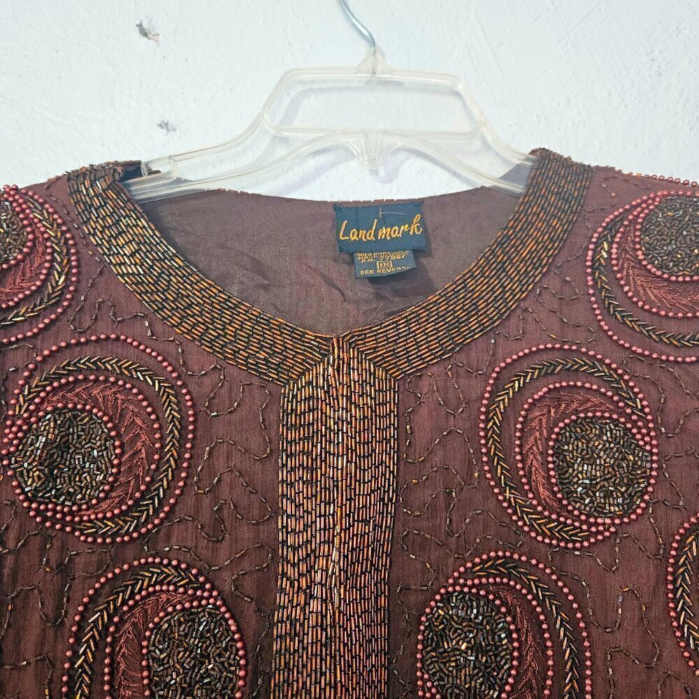 Vintage Women's Beaded Brown Jacket 100% Pure Silk Elegant Size 1X - Picture 3 of 8